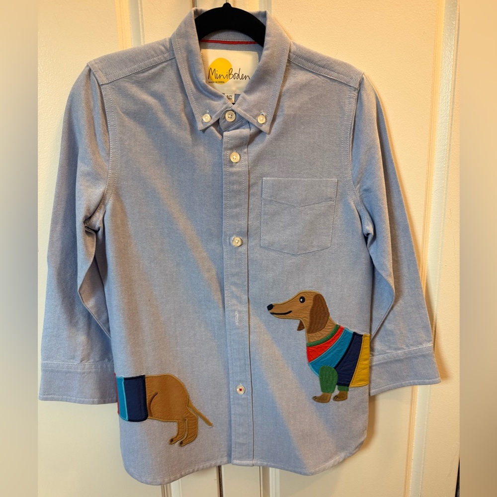 Mini Boden Boy Button-Up Shirt Dachshund Appliqué Size 6-7